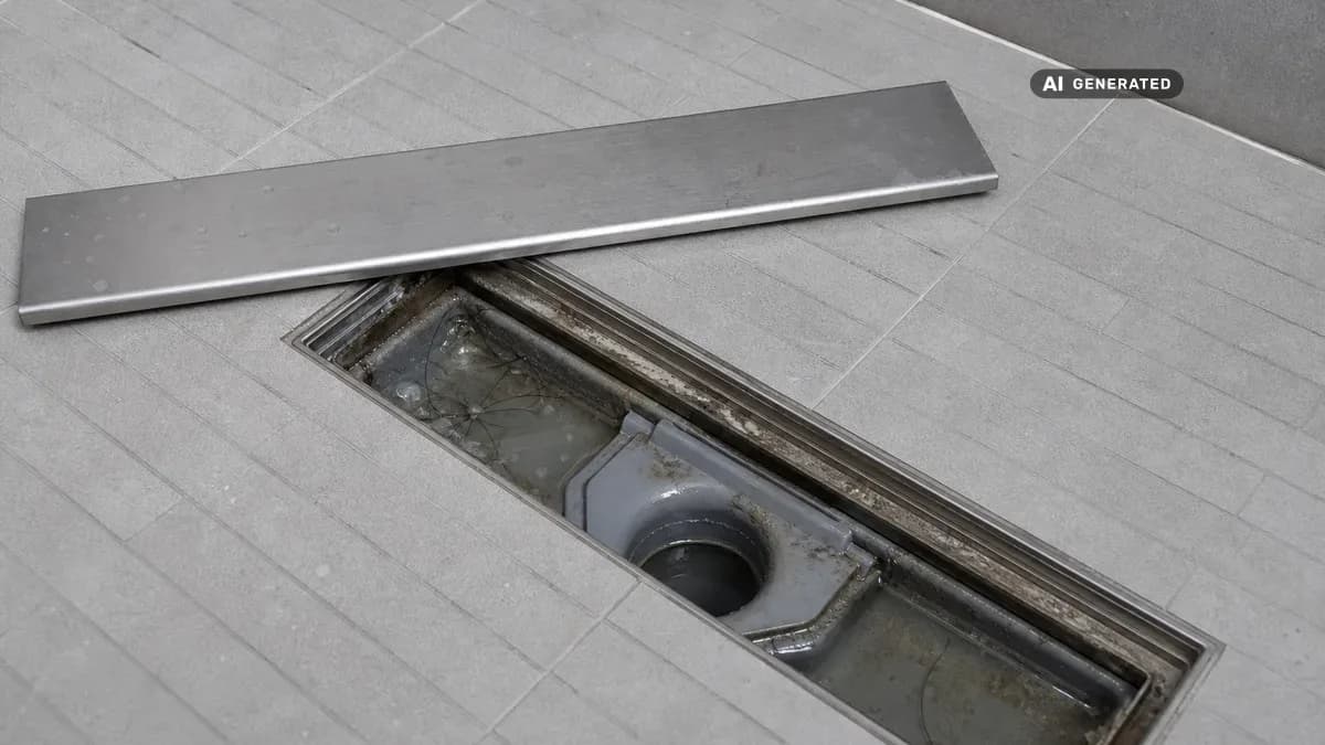 KI-generiertes Bild: Geöffneter Ablauf einer bodengleichen Dusche mit herausgenommener Duschrinnen-Abdeckung und freiliegendem Siphon