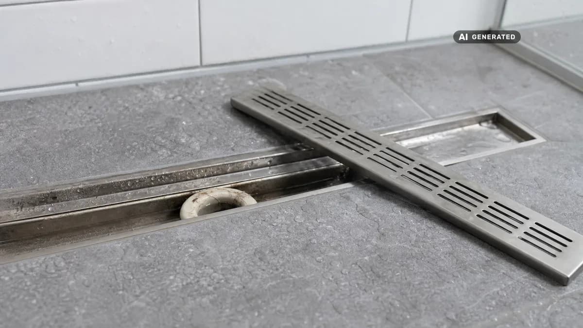 KI-generiertes Bild: Geöffneter Ablauf einer bodengleichen Dusche mit entnommenem Edelstahl-Sieb und freiliegendem Siphon-Einsatz