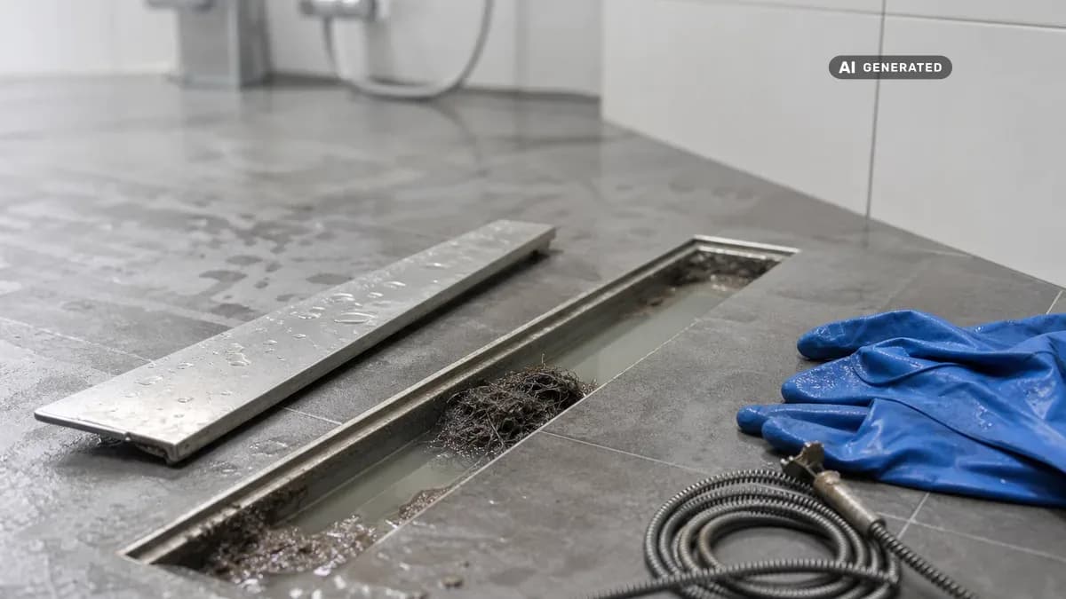 KI-generiertes Bild: Bodengleiche ebenerdige Dusche mit geöffnetem Ablaufgitter, davor eine Rohrspirale und Handschuhe für die Reinigung