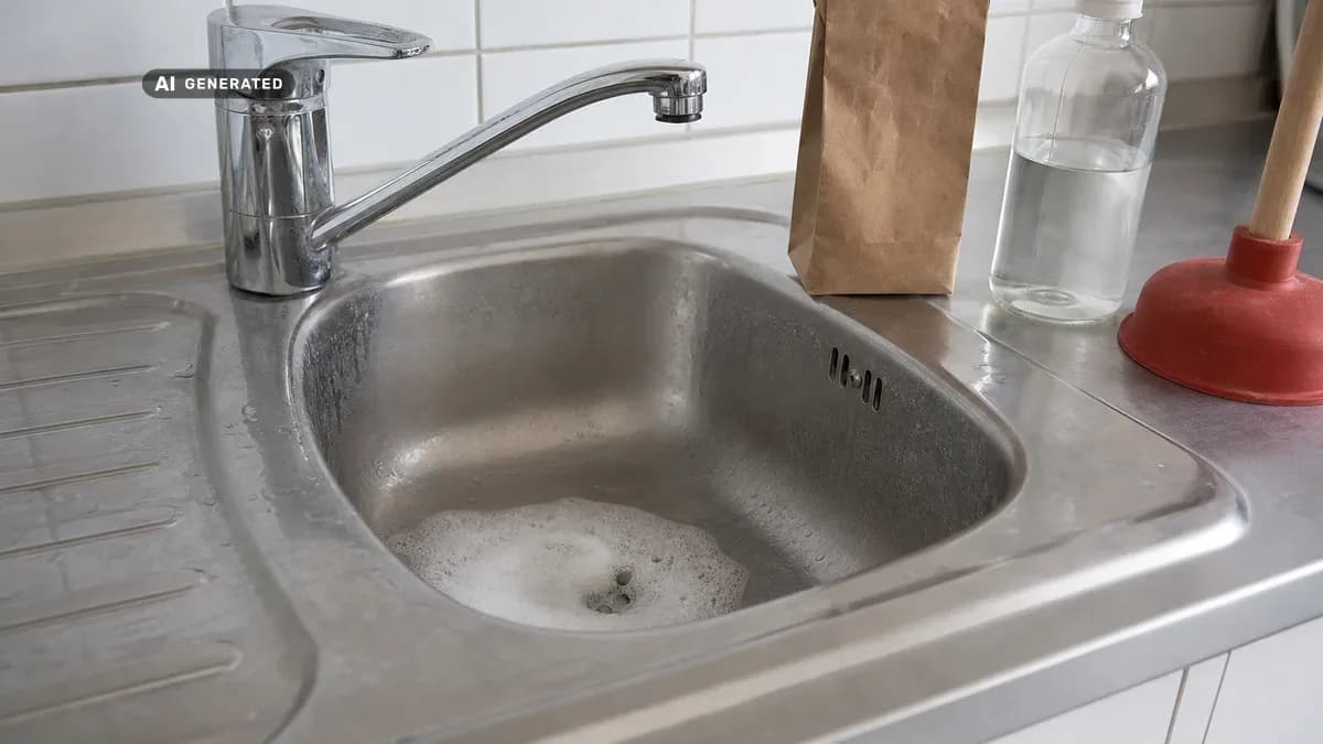 KI-generiertes Bild: Schäumender Abfluss in einer Küchenspüle, auf der Arbeitsfläche daneben eine Packung Natron, eine Essigflasche und eine Saugglocke