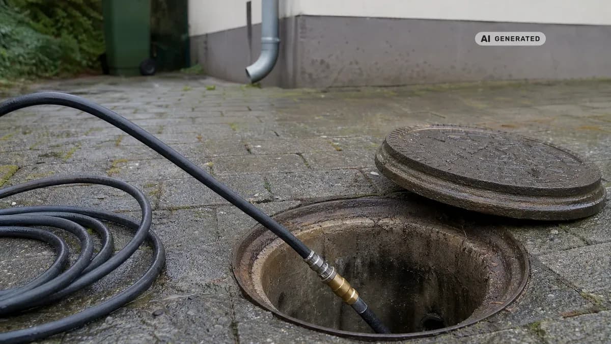 KI-generiertes Bild: Fachmann schiebt einen Schlauch zur Hochdruckspülung in einen offenen Revisionsschacht auf dem gepflasterten Hof eines Einfamilienhauses