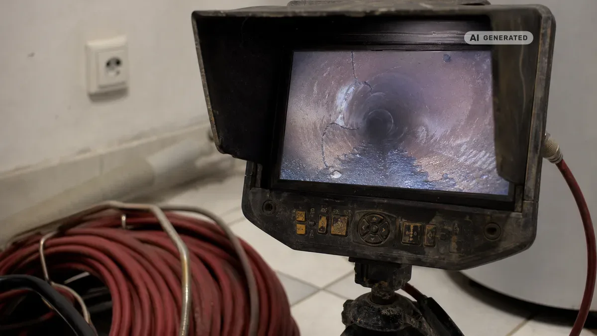 KI-generiertes Bild: Monitor mit Live-Bild einer Kanalkamera während der Inspektion eines Abwasserrohrs vor der Sanierung
