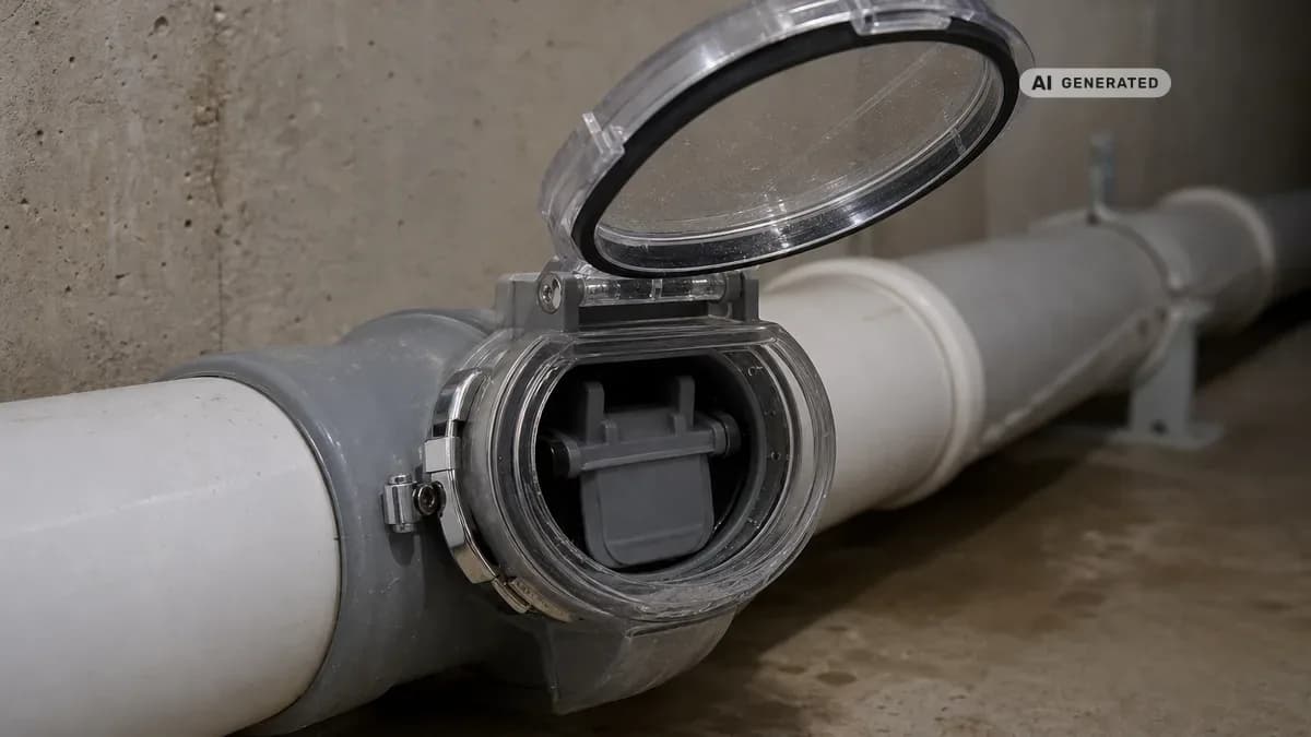 KI-generiertes Bild: Geöffnete Rückstauklappe in einer Kellerabwasserleitung mit sichtbarem Revisionsdeckel