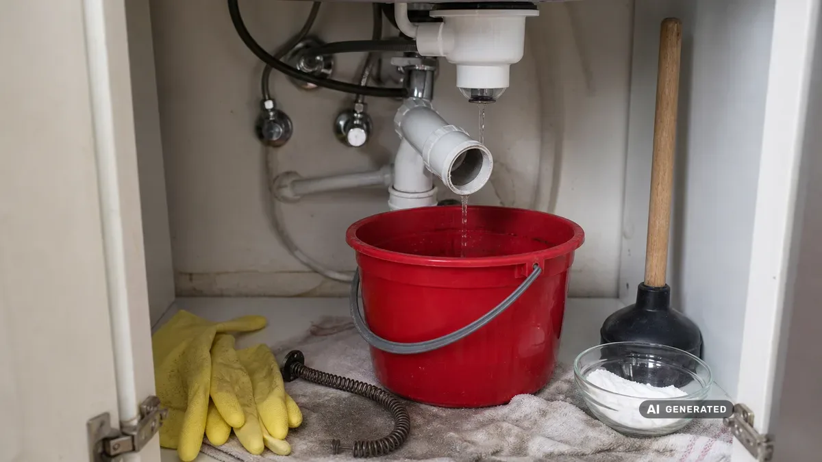 KI-generiertes Bild: Unter einer Küchenspüle löst jemand mit Gummihandschuhen einen Siphon aus Kunststoff, ein Eimer fängt darunter das restliche Wasser auf