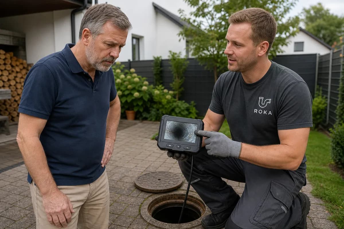 Techniker zeigt Hausbesitzer Live-Bilder aus der Kanalkamera