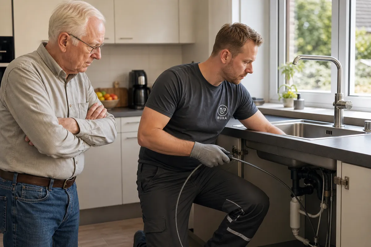 Techniker reinigt einen verstopften Küchenabfluss beim Kunden