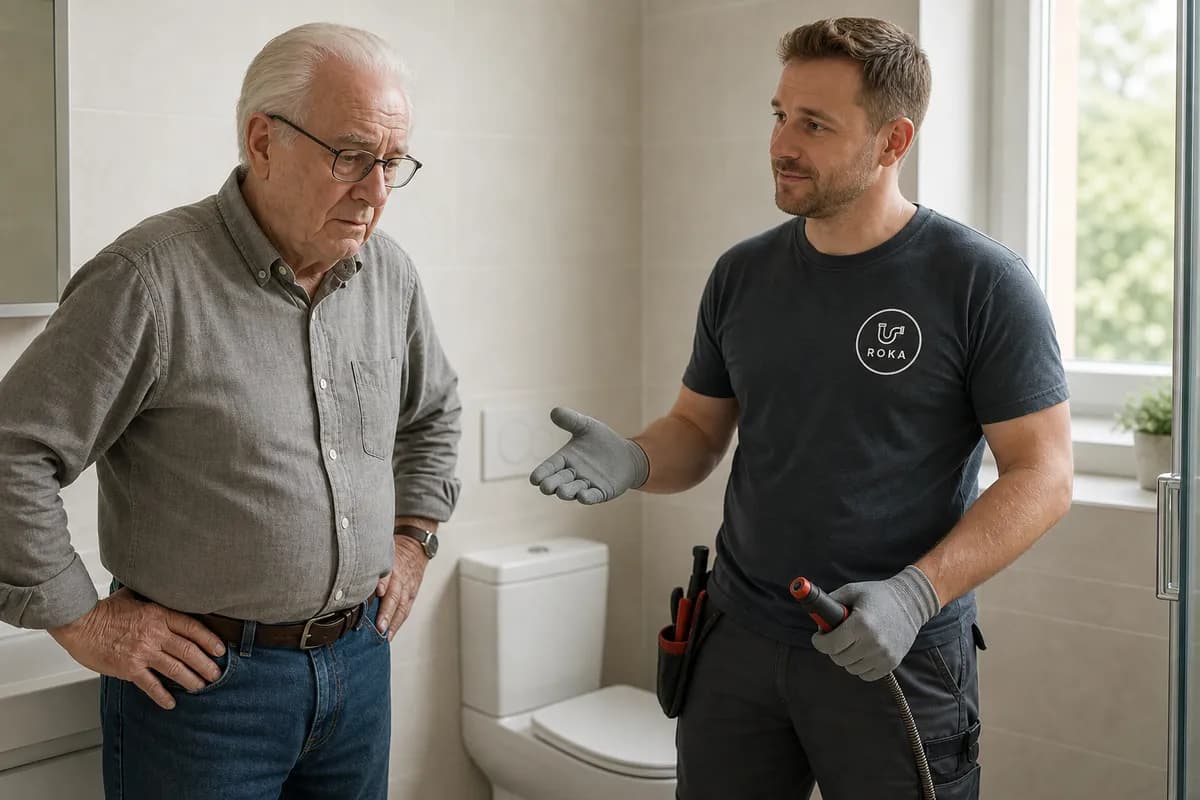 Techniker beruhigt Hausbesitzer bei einer verstopften Toilette